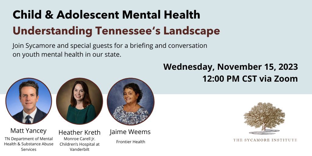 We're hosting a briefing and conversation on the state of child mental health in Tennessee. There will be an overview of recent data and a conversation with mental health professionals working on this issue. Join us November 15 at noon CST.

Register now: bit.ly/3Qb4SRW