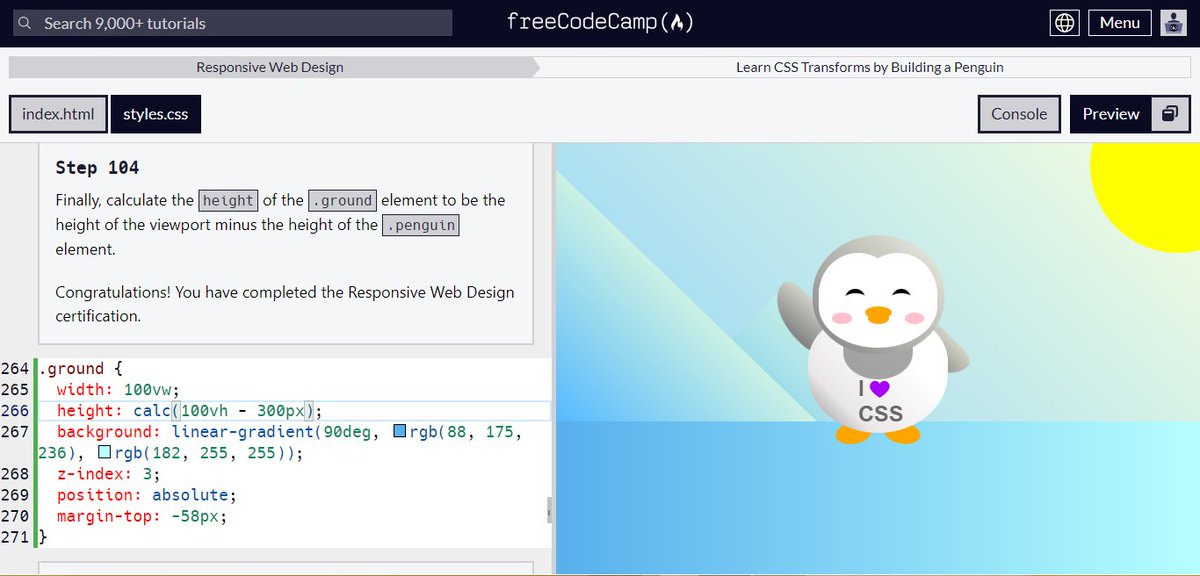 AmraniRida1's tweet photo. Day 27,28/100: #100DaysOfCode          
I studied CSS transforms by Building a Penguin!  #freeCodeCamp https://t.co/egvWCo2V8w