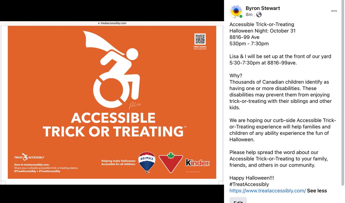 Please help spread the word about this  Accessible Trick-or-Treating to your family, friends, and others in our community.

Happy Halloween!!!

#TreatAccessibly #inclusionmatters