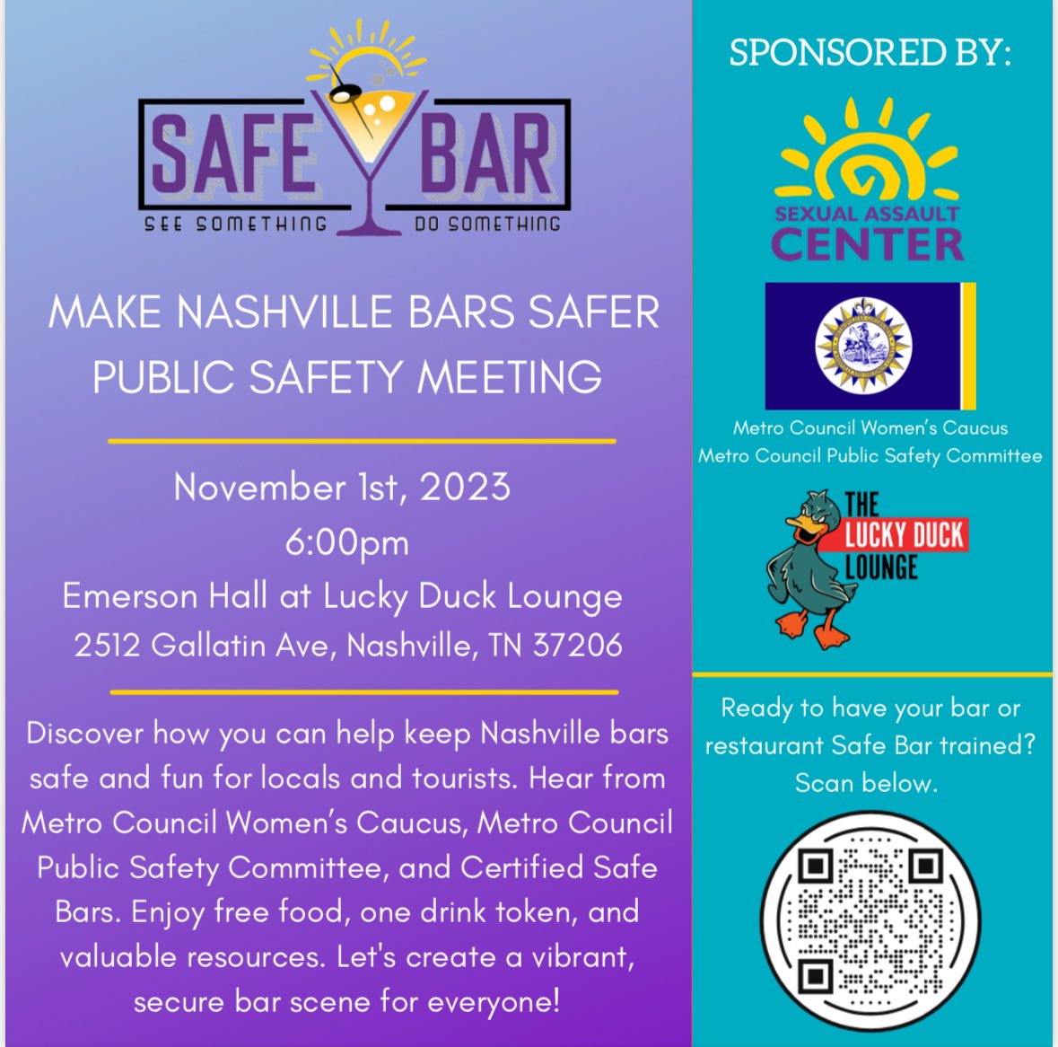 DavidsonCoDA's tweet photo. Keeping Nashville bars safe! We’re proud to join @NashvilleSAC, Metro Council Women’s Caucus, & the Council Public Safety Committee to hear about the Safe Bar program. 11/1 at 6pm. Thanks to Emerson Hall at Lucky Duck Lounge for hosting the event! #safebar #MetroCouncilNash https://t.co/8zaOsxbszK