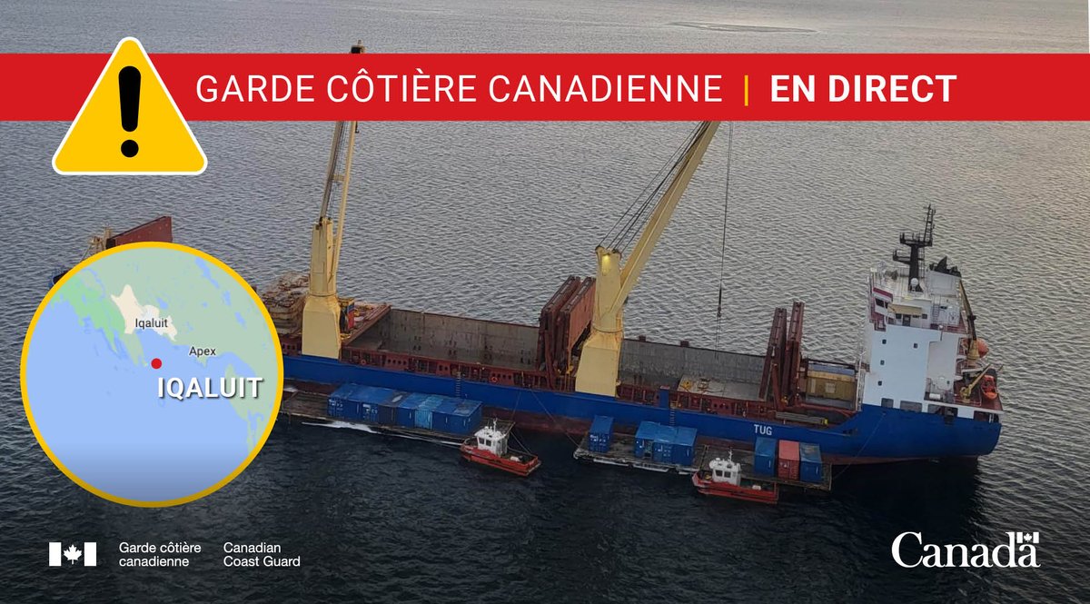 GardeCotiereCAN's tweet photo. #GCCEnDirect : Nous surveillons les opérations de récupération des conteneurs tombés d'une barge près d'#Iqaluit, au #Nunavut. À ce jour, 16 des 23 conteneurs ont été récupérés. https://t.co/E8DfJxNdHj