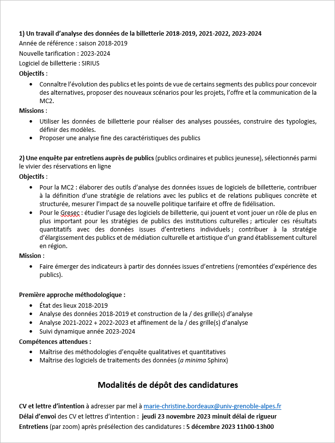 📢 Appel à candidatures pour un stage de recherche de Master 2 "Étude de l’évolution des publics de la MC2 2019-2024" au <a href="/GRESEC1/">GRESEC</a> <a href="/UGrenobleAlpes/">Université Grenoble Alpes</a>, en partenariat avec <a href="/MC2Grenoble/">MC2: Grenoble</a>
Période : 1er semestre 2024
Merci de faire passer 🙏⬇️