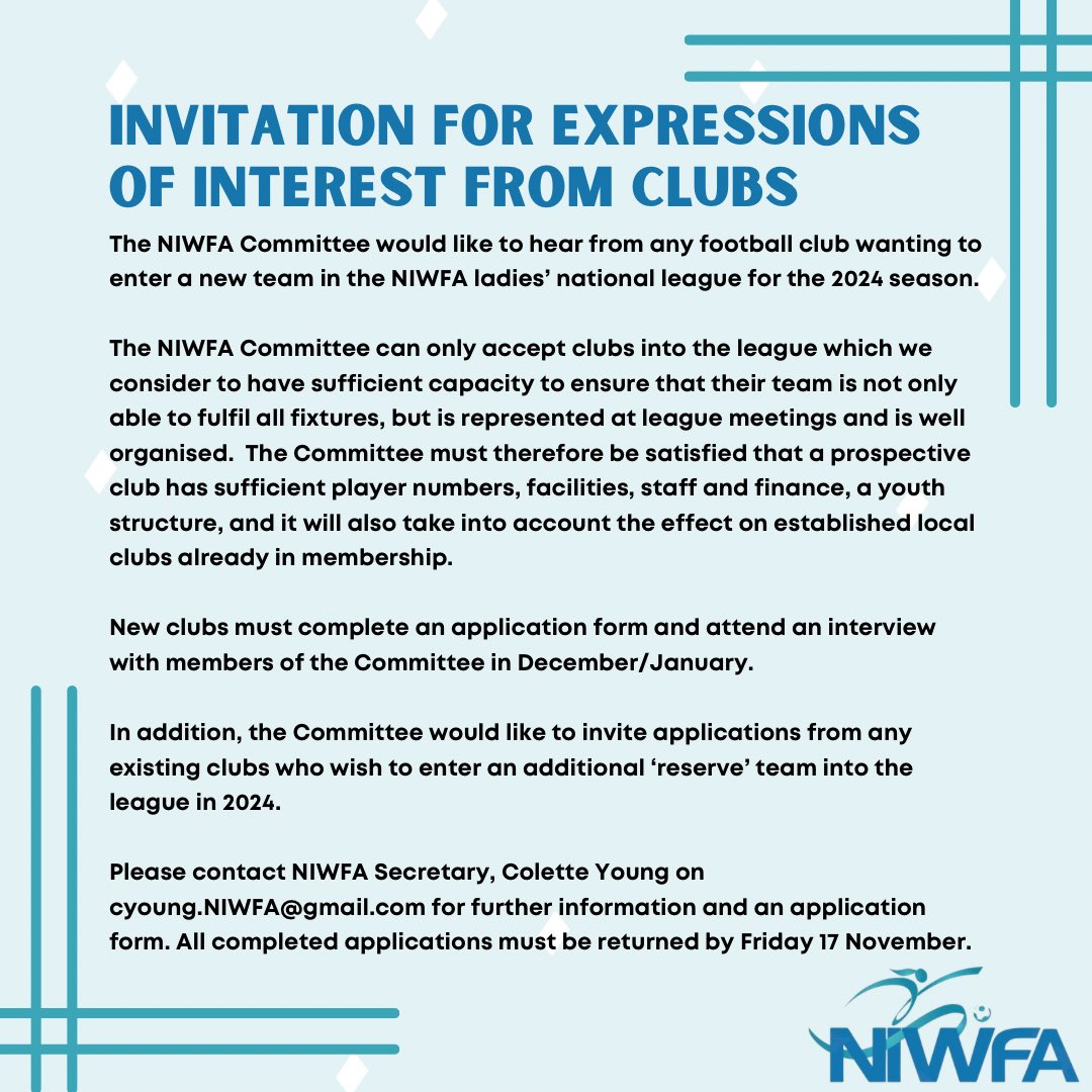 We are inviting expressions of interest from clubs interested in joining the NIWFA leagues for the 2024 season. #niwfa #niwfa2024 #ExpressionsOfInterest