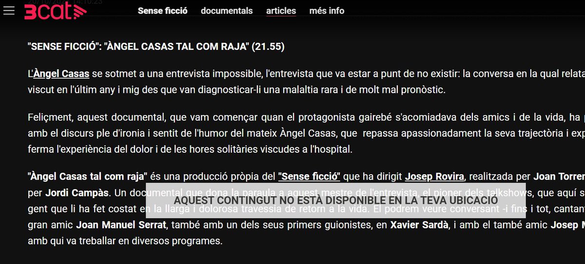 RABradioBCN's tweet photo. Ens comenta un oient de la Catalunya Exterior que des de fora no és pot accedir a contingut propi de TV3. Quin sentit té això? @3CatCorporatiu @cultura_cat @exteriorscat @Catexterior https://t.co/sxw7UHWIYi