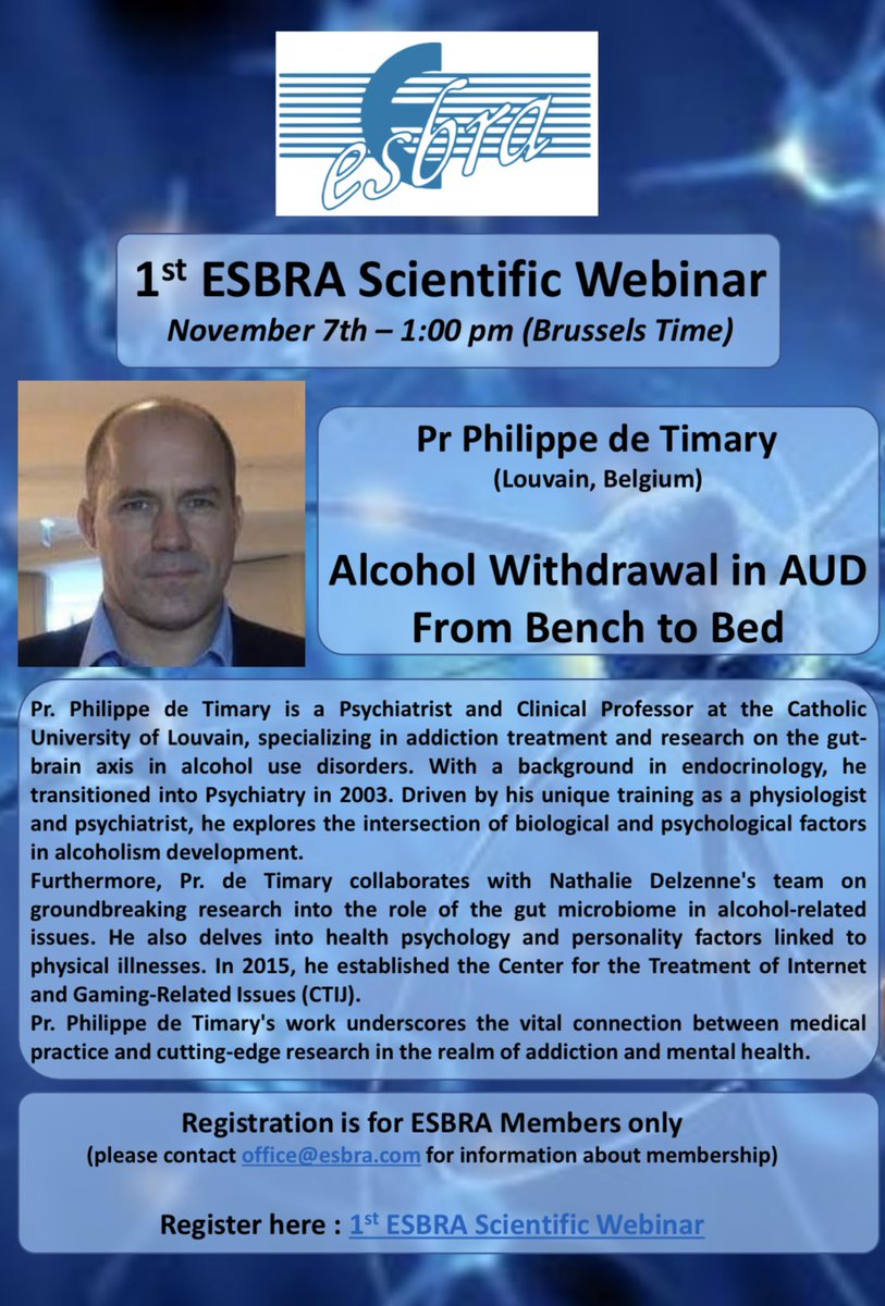 JeromeJeanblanc's tweet photo. 1st #ESBRA #Scientific #webinar
November 7th 1:00pm (Paris time)
Registration by clicking on the link
#alcohol #withdrawal #scientificwebinar #research #Belgium #europe #alcoholusedisorder #AUD #gut #brain #microbiota #liverdisease https://t.co/jIWExj50Im