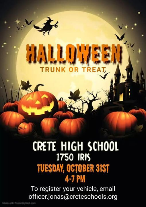 The Crete Trunk or Treat event is moving indoors! Due to the cold and windy weather forecast during the event, we will be inside the Crete High School commons area. We thought this was the best way to keep everyone safe and warm. Join us on Tuesday, Oct. 31, from 4-7 PM.