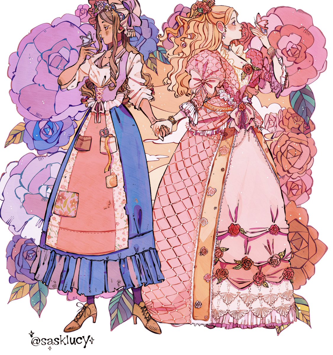 multiple girls 2girls flower dress pink dress rose blonde hair  illustration images