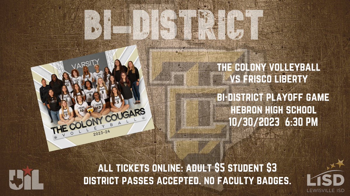 Good luck to <a href="/TCCougarVB/">The Colony Volleyball</a> in their bi-district playoff game vs. Frisco Liberty today!! Come out and support the Cougars!! <a href="/TheColonyHS/">The Colony HS</a>