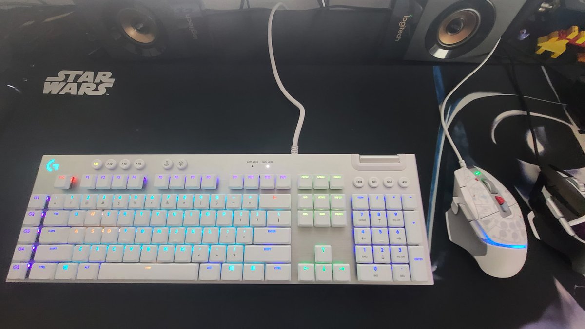 SnakeEyes319's tweet photo. New keyboard and mouse setup. Yes that's the #StarWars #Logitech Millennium Falcon G502 X Plus so lucky to have snagged one! And the XL Darth Vader Desk pad! Making my streaming studio setup come together nicely. #g815 #PCGamer https://t.co/I9bdkNp8Yx