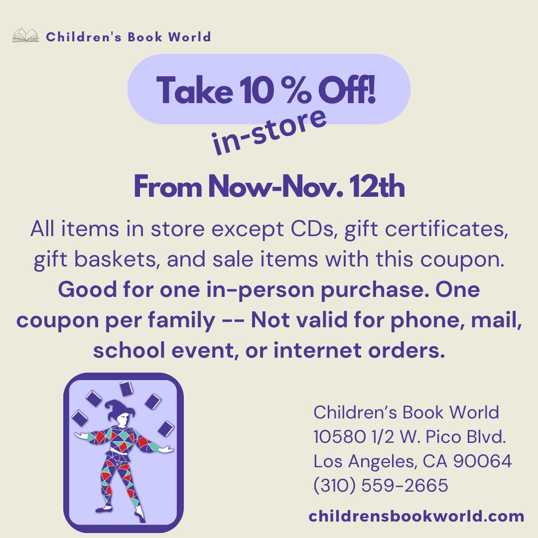From now until November 12th, you can get 10% off of all items in store except CDs, gift certificates, gift baskets, and sale items. To use this coupon, either print this post out and bring it in store or show us this post directly in store! ⁠