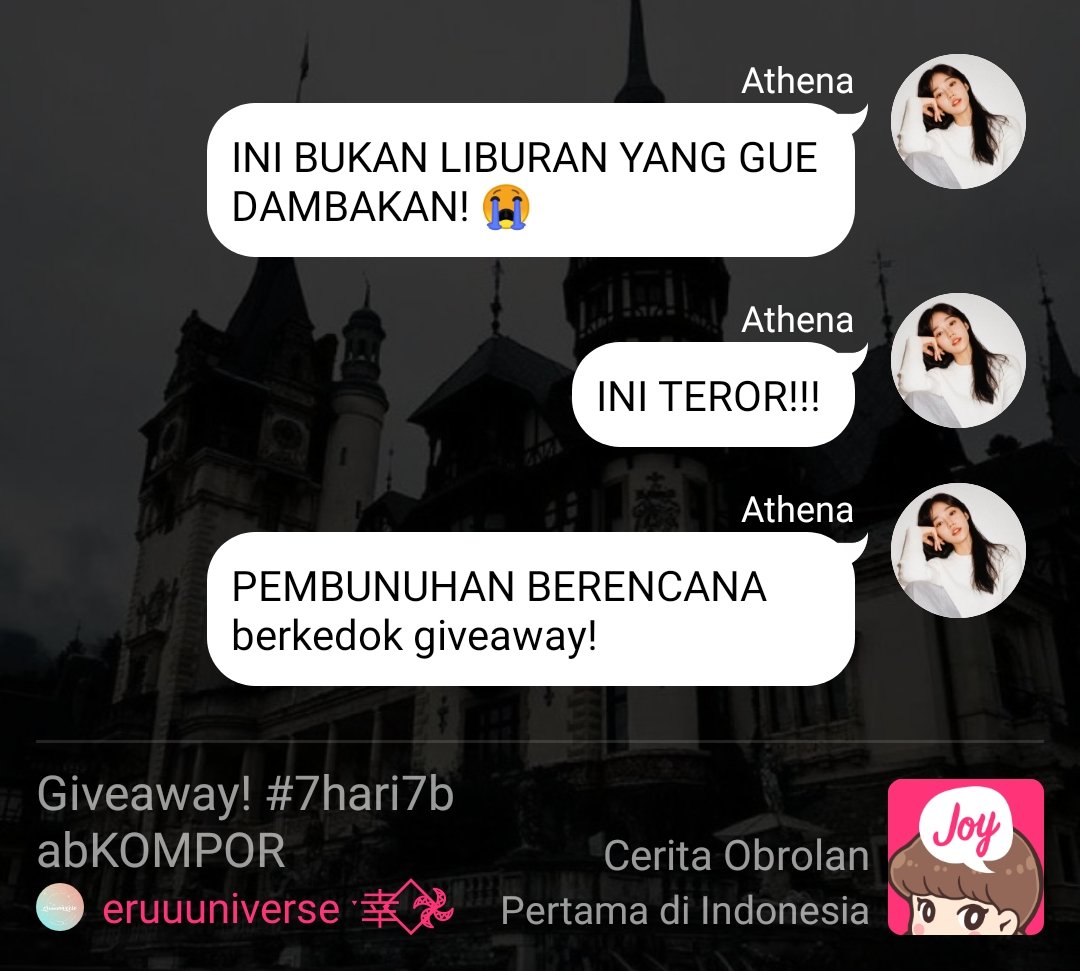 eruuuniverse's tweet photo. @Joylada_ID DAY 7

"GIVEAWAY"
—; a mystery / horror story
#7hari7babKOMPOR

Apakah mereka berhasil selamat?? 

Tersedia di @Joylada_ID 
https://t.co/cL7tki9Mkr https://t.co/2BiIYs4V9I