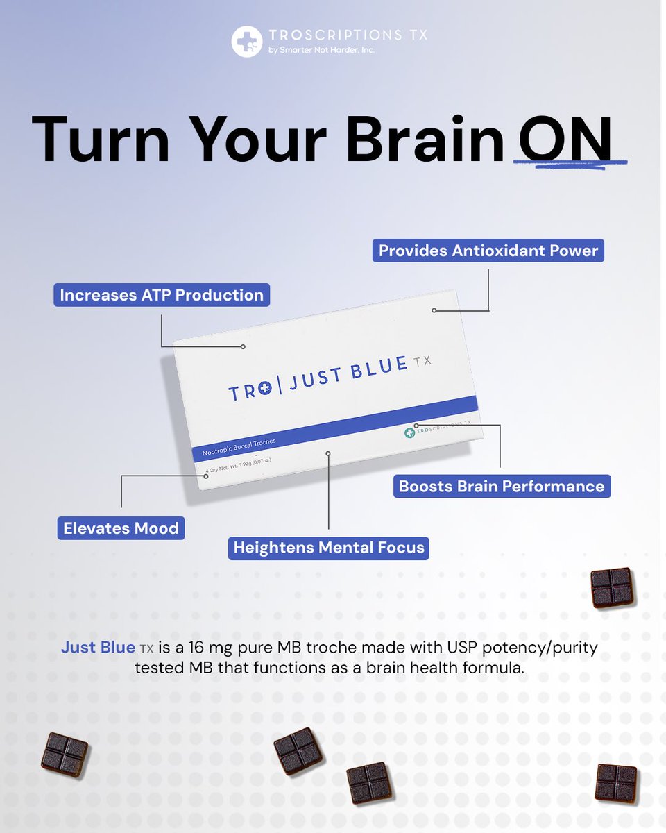 troscriptions's tweet photo. What makes Just Blue *the ultimate solution* for boosting your cognitive function? 🧠
That's simple. Methylene Blue.
Try it for yourself at https://t.co/bT2zWnPU1o 🤝
#JustBlue #CognitiveExcellence #UnlockYourMind https://t.co/J3wYvE3i6n