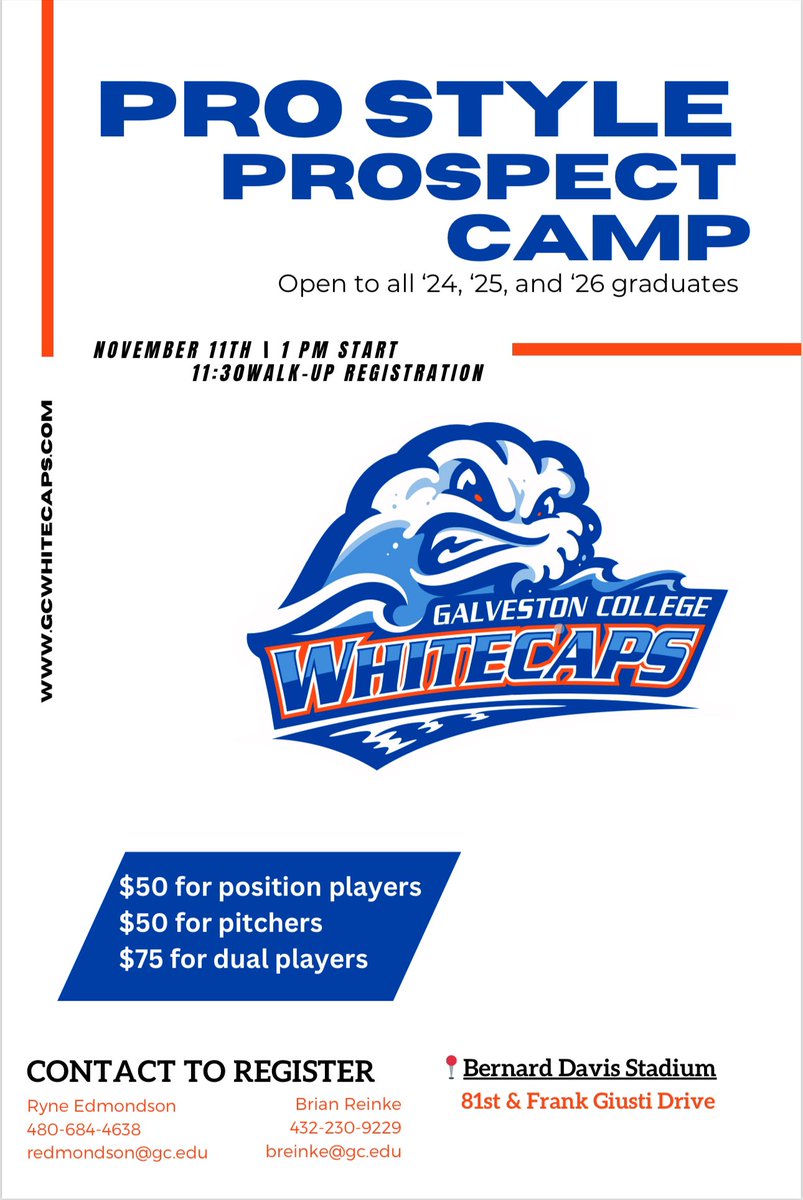 The Whitecap baseball program is hosting our first fall prospect camp! Please contact Coach Reinke or Coach Edmondson for more information!