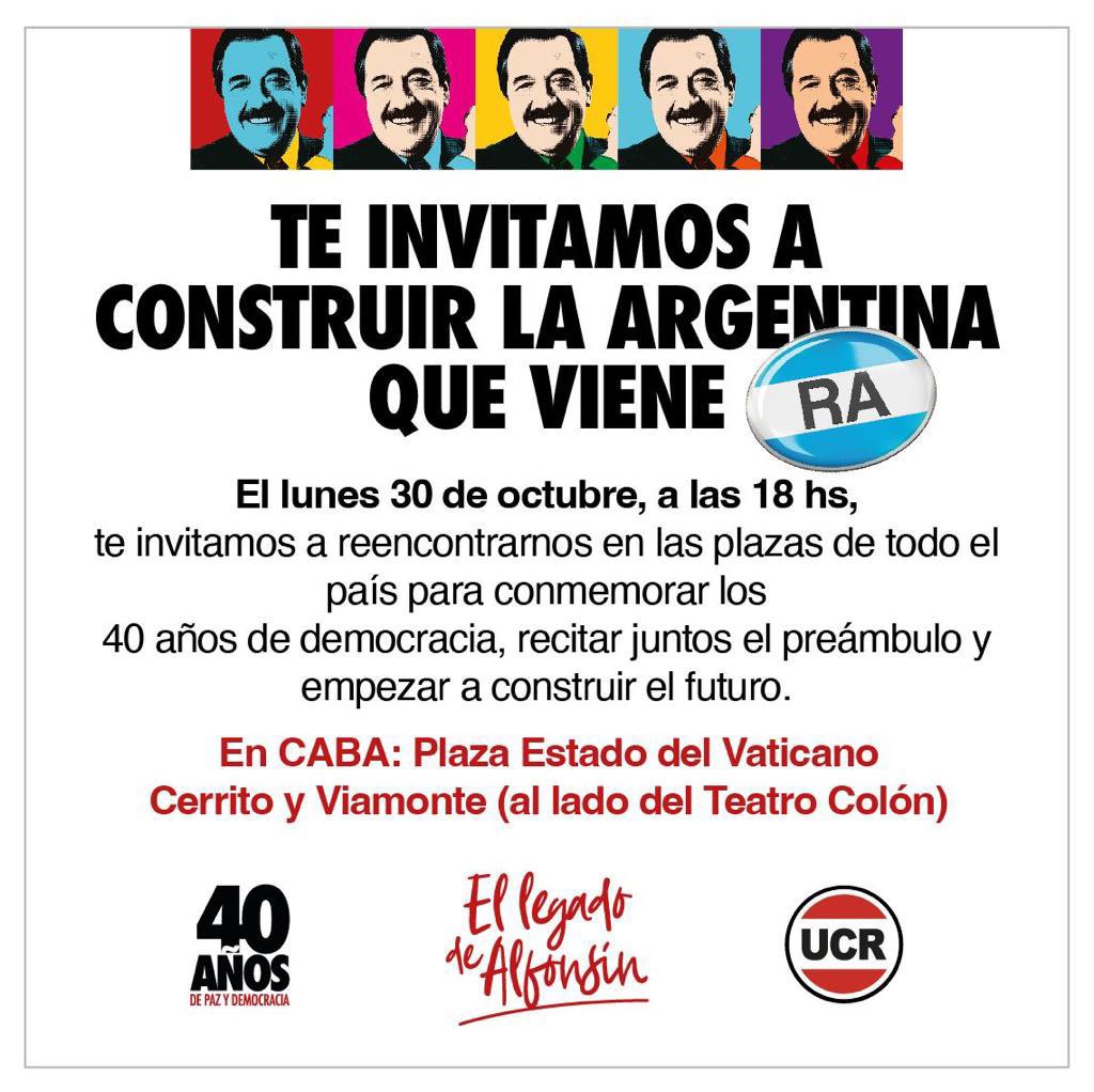 Nos encontramos hoy para conmemorar los 40 años de democracia y comenzar a construir juntos la Argentina que se viene.
.

🗓️ Lunes 30 de octubre
🕢 18 hs.
📍 Cerrito y Viamonte (Plaza Estado del Vaticano)