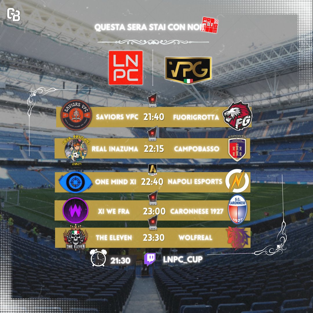 Finalmente è nata la trasmissione ProClub ROOM e stasera vi aspettiamo in live per passare la serata insieme ai ragazzi di <a href="/VPGItaly/">VPG Italy 🇮🇹</a>.
Partite in live, highlights, resoconti e analisi delle partite...stasera scopri ProClub ROOM!!!
📺 | twitch.tv/lnpc_cup

<a href="/DuelmastersGG/">Duelmasters.io</a>