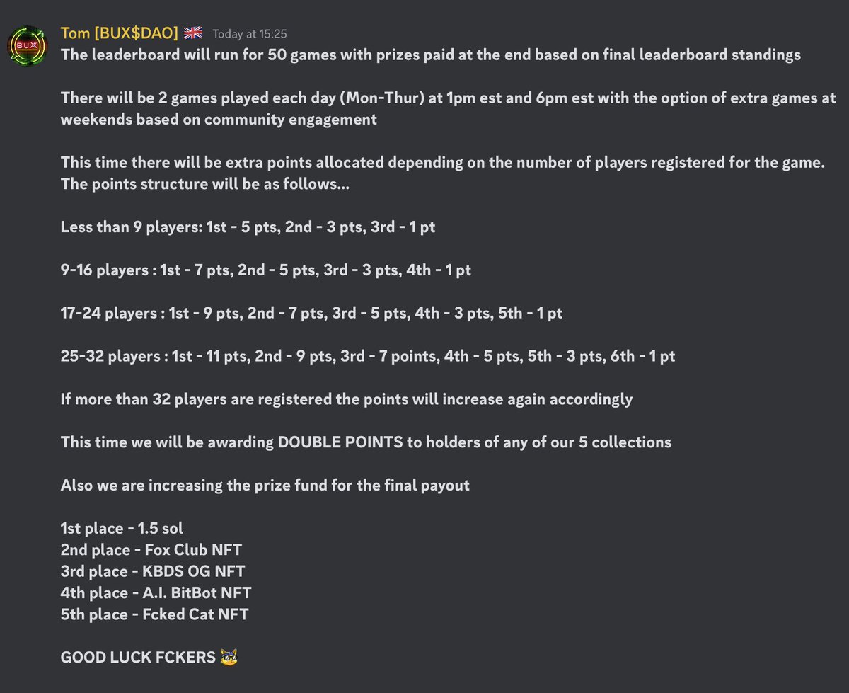 Our new BUX$DAO #poker leaderboard starts today.

Take part in daily tournaments to win points on the leaderboard with some cool prizes at the end.

Join the discord NOW to get involved

#freeroll #solana #nft #sol #NFTGiveaway #WAGMI #LFG #BULLISH