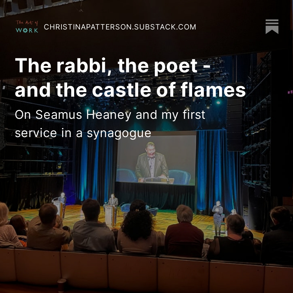 theartofwork's tweet photo. On Saturday, I went to my first ever Shabbat service. Yesterday, I went to a reading of Seamus Heaney's letters. Both gave me hope.

My latest @substack. It's free to subscribe: 

The rabbi, the poet - and the castle of flames, by @queenchristina_ https://t.co/r4JvVgy7B9 https://t.co/8rdbnfEcHV