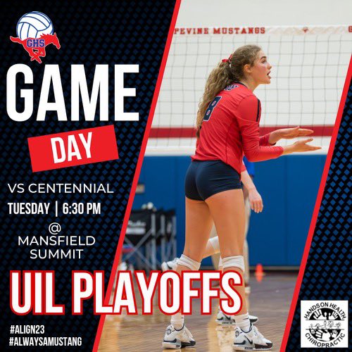 BI-DISTRICT PLAYOFF @VBGrapevine takes on Burleson Centennial 📆 Tuesday, 10/31/23 ⏰ 6:30pm 📍Mansfield Summit HS #nowisthetime #alwaysamustang • BIG THANK YOU to @GrapevineChiro for helping make this season great! ❤️🐴🏐