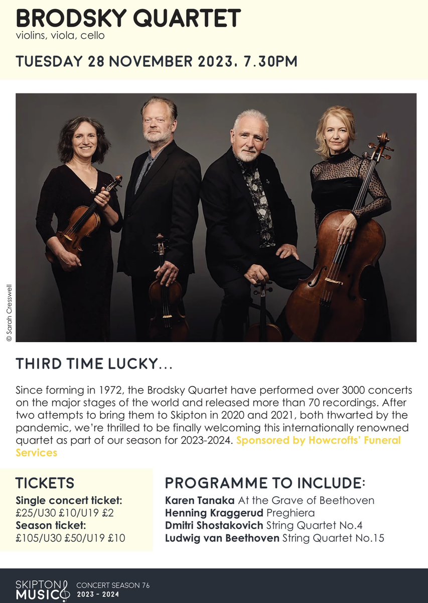 Our next concert is on Tuesday 28 November @SkiptonTownHall and features the internationally renowned #BrodskyQuartet 🎻🎻🎻🎻

Tickets are selling fast so if you think you might like to join us best to book asap!

👉 skiptontownhall.co.uk/whats-on/#skip…

#tuesdaynightismusicnight