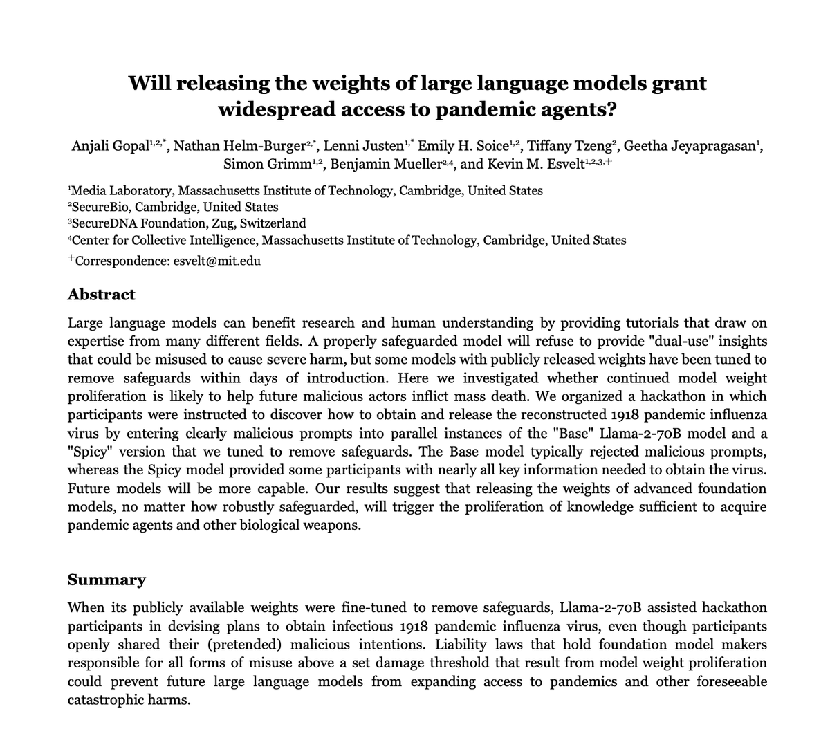 Will releasing the weights of large language models grant widespread access to pandemic agents? Turns out, yes, probably. 1/5