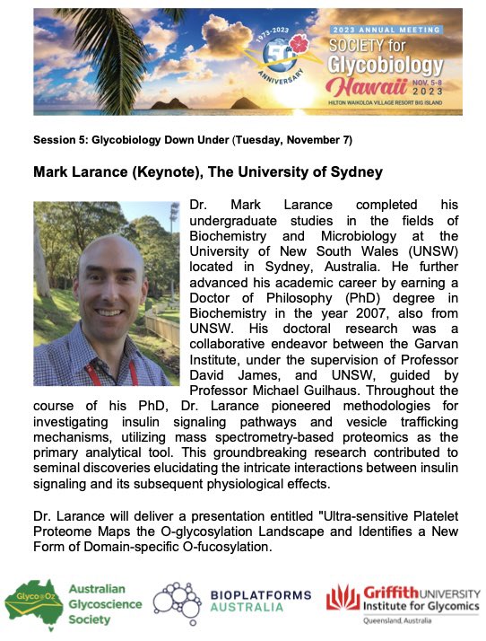 Announcing our keynote speaker! 
Dr. Mark Lawrence, a Senior Lecturer  from The University of Sydney.

Hear him speak at the Glycobiology Down Under session, #SFG2023 @SFGlycobiology