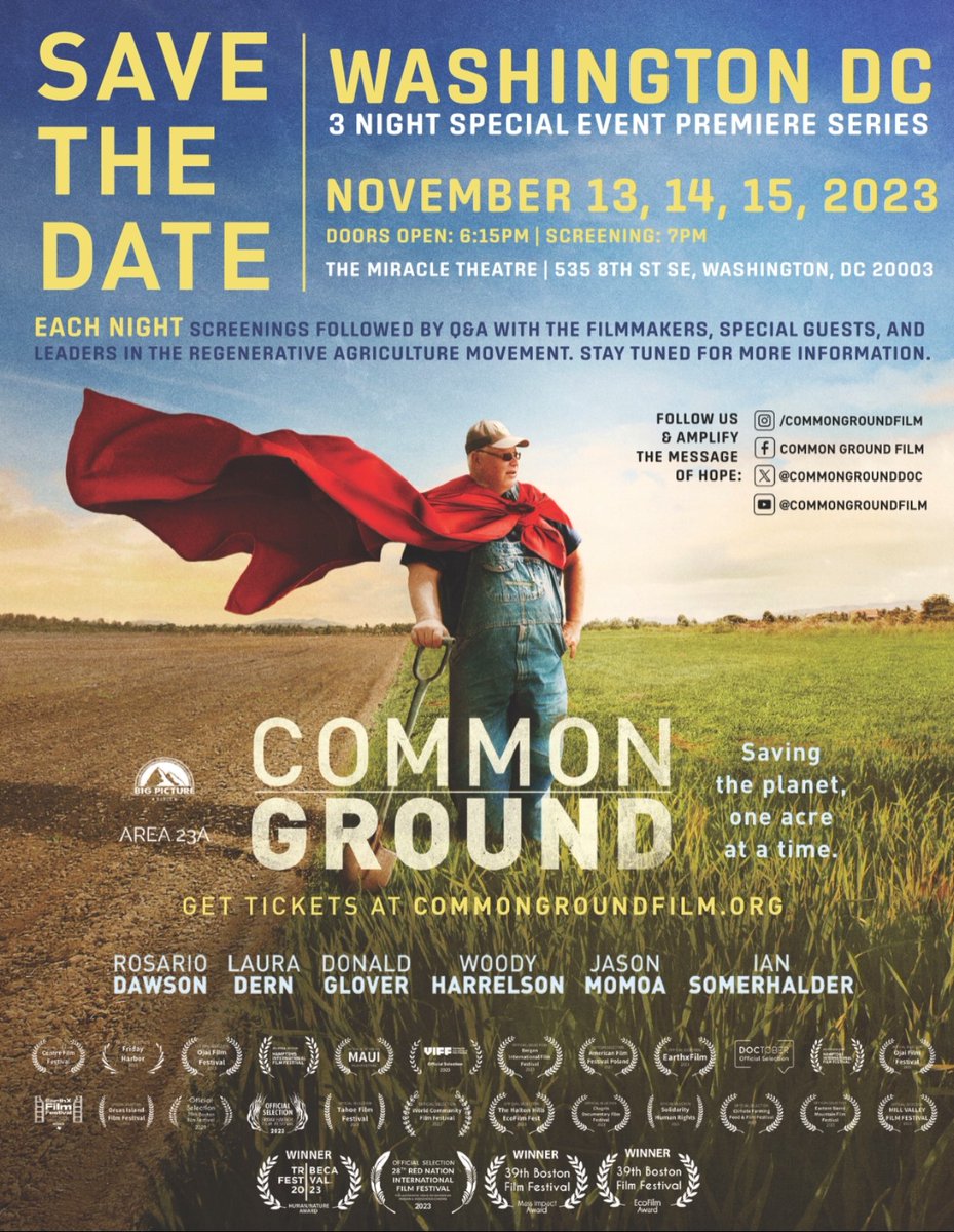 “If the soil dies, we die.” —Common Ground film, sequel to Kiss the Ground

The movie focuses on agricultural land, but the general message applies everywhere.

COMMON GROUND film will premiere in 
WASHINGTON, DC
Nov 13, 14 &amp; 15! 

The Miracle Theatre ✨
535 8th St SE