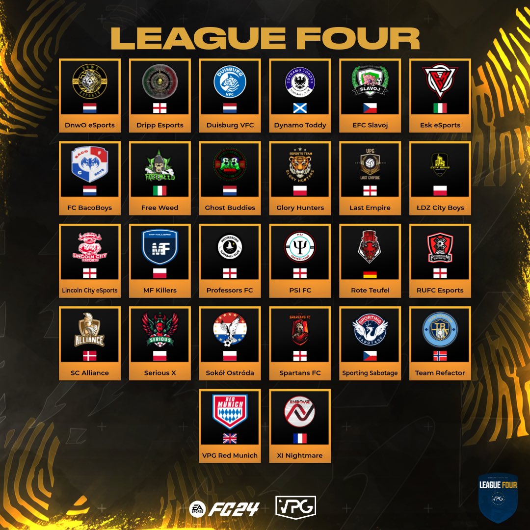 Virtual Pro Gaming (@officialvpg) on Twitter photo 🙌 Welcome to the <a href="/VPGEurope/">Virtual Pro Gaming | Europe</a> League Four. 🇪🇺
💪🏽 We would like to wish you all the best of luck in the season.
⚽️’s!
<a href="/VFCDuisburg/">Duisburg VFC</a>
<a href="/ImpsEsports/">Imps Esports</a>
<a href="/RUFCESPORTS/">Rotherham United Esports</a>
<a href="/dynamotoddy/">Dynamo Toddy</a>
<a href="/VPGRedMunich/">VPGRedMunich</a>
<a href="/FCBacoboys/">FC BacoBoys 🦇</a>
<a href="/ProfessorsFC/">Professors FC</a>
<a href="/PSIFC_/">PSI FC</a>
<a href="/SokolOstroda/">Sokół Ostróda</a>
<a href="/EGAeFoot/">Esport Gaming Arena eFoot</a>
<a href="/Ghost_Buddies/">Ghost Buddies</a>
<a href="/LDZCityBoys/">ŁDZ City Boys</a> 🙌 Welcome to the <a href="/VPGEurope/">Virtual Pro Gaming | Europe</a> League Four. 🇪🇺
💪🏽 We would like to wish you all the best of luck in the season.
⚽️’s!
<a href="/VFCDuisburg/">Duisburg VFC</a>
<a href="/ImpsEsports/">Imps Esports</a>
<a href="/RUFCESPORTS/">Rotherham United Esports</a>
<a href="/dynamotoddy/">Dynamo Toddy</a>
<a href="/VPGRedMunich/">VPGRedMunich</a>
<a href="/FCBacoboys/">FC BacoBoys 🦇</a>
<a href="/ProfessorsFC/">Professors FC</a>
<a href="/PSIFC_/">PSI FC</a>
<a href="/SokolOstroda/">Sokół Ostróda</a>
<a href="/EGAeFoot/">Esport Gaming Arena eFoot</a>
<a href="/Ghost_Buddies/">Ghost Buddies</a>
<a href="/LDZCityBoys/">ŁDZ City Boys</a>