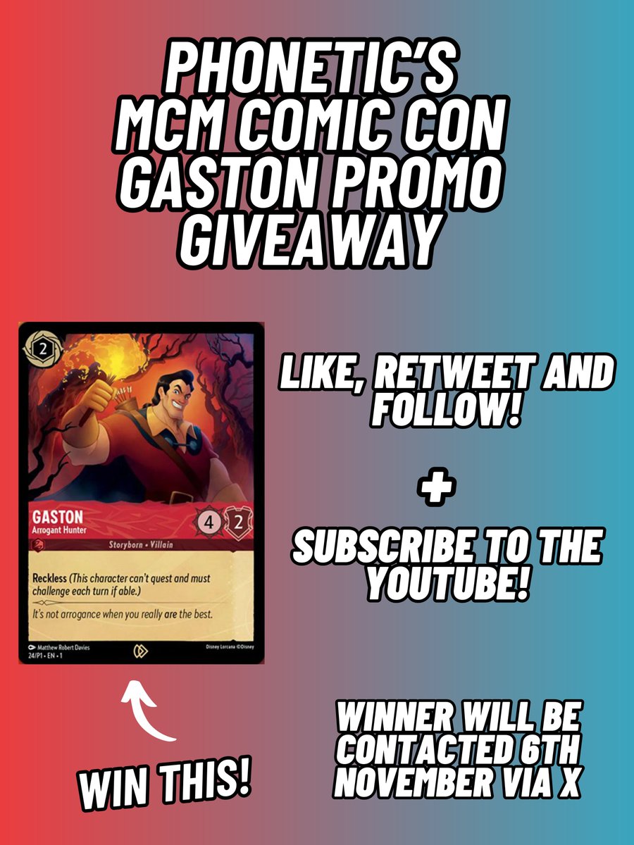 phonetic_TCG's tweet image. I'm giving away a Gaston MCM Promo! Follow these steps to be entered and I will be contacting the winner on the 6th of November (1 week from now)

1. Like, Retweet and Follow me here!
2. Subscribe to the YouTube (youtube.com/channel/UCJnEx…)

That's all, thanks so much and good luck!