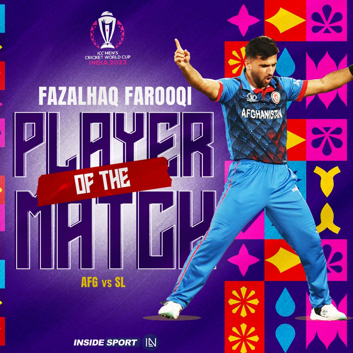InsideSportIND's tweet image. Fazalhaq Farooqi has been adjudged as player of the match for his excellent bowling performance against Sri Lanka 🏆

#FazalhaqFarooqi #CWC23 #WorldCup2023 #AFGvSL #CricketTwitter