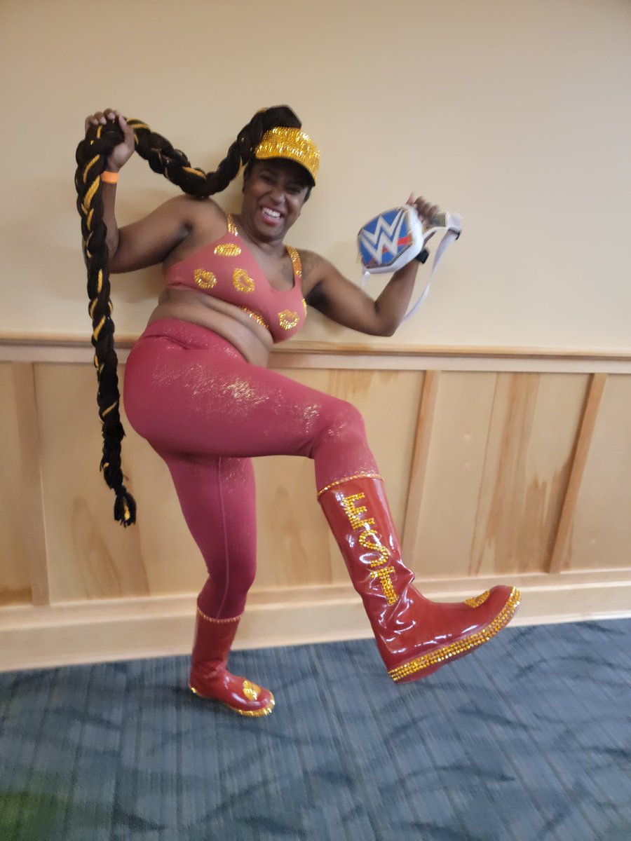 My best friend as <a href="/BiancaBelairWWE/">Bianca Belair</a> at a Halloween party; I made her braid out of yarn and we bedazzled the bra and boots!