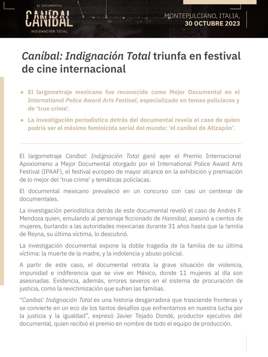 Canibalserie's tweet photo. 🎥🏆 El documental #CaníbalIndignaciónTotal triunfa en festival de cine europeo: el International Police Award Arts Festival @AApoxiomeno. Esta investigación periodística revela el caso de quien podría ser el máximo feminicida serial del mundo: ‘el caníbal de Atizapán’. https://t.co/HieFiBTQoZ