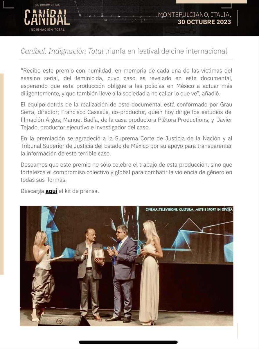 🎥🏆 El documental #CaníbalIndignaciónTotal triunfa en festival de cine europeo: el International Police Award Arts Festival <a href="/AApoxiomeno/">International Police Award Arts Festival</a>. Esta investigación periodística revela el caso de quien podría ser el máximo feminicida serial del mundo: ‘el caníbal de Atizapán’.