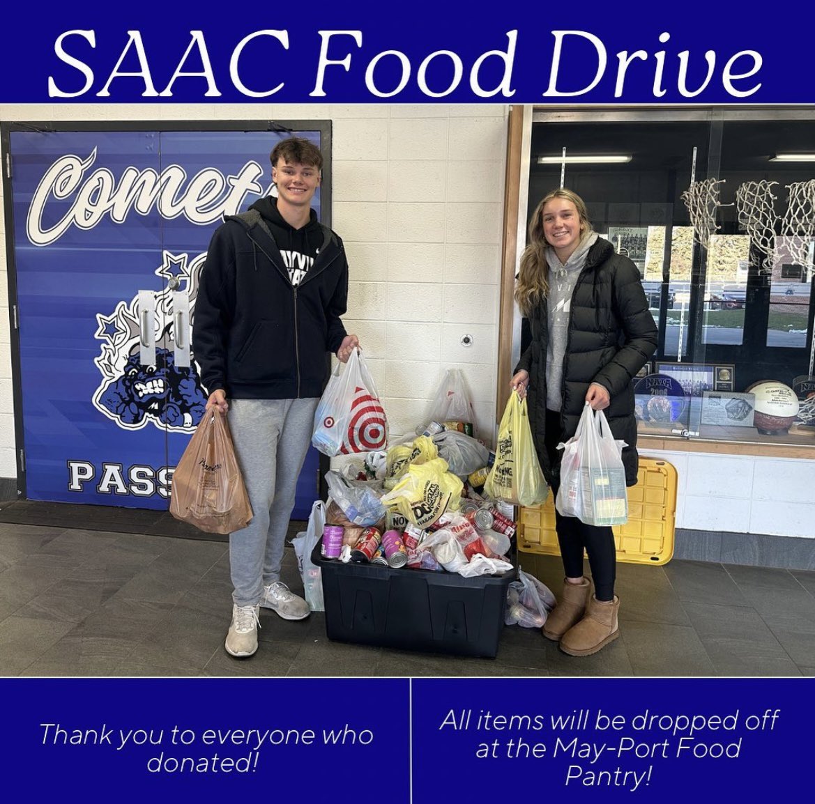 Comet_Athletics's tweet photo. ☄️| Comet Nation - thank you for everyone who donated to the May-Port Food Pantry at this weekend’s home events! https://t.co/N1lrcBwcSw