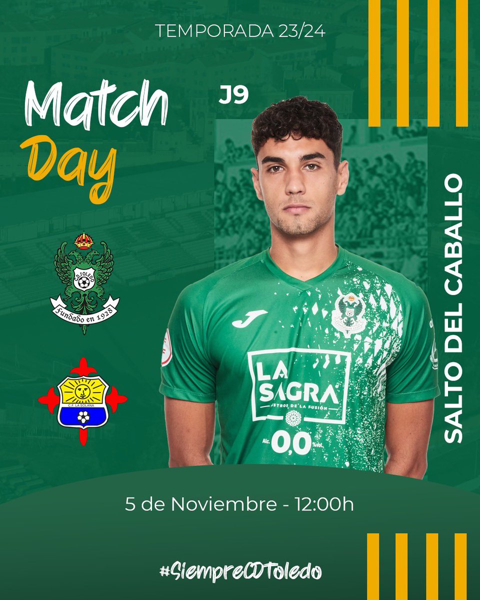 ¡HORARIO CONFIRMADO! ✅

𝗝𝗢𝗥𝗡𝗔𝗗𝗔 𝟵 #CDToledo | 

📆 Domingo 5 de noviembre
🆚 <a href="/Cflasolana/">CF La Solana</a> 
⌚ 12.00h
🏟️ Salto del Caballo   

#SiempreCDToledo 💚⚪️