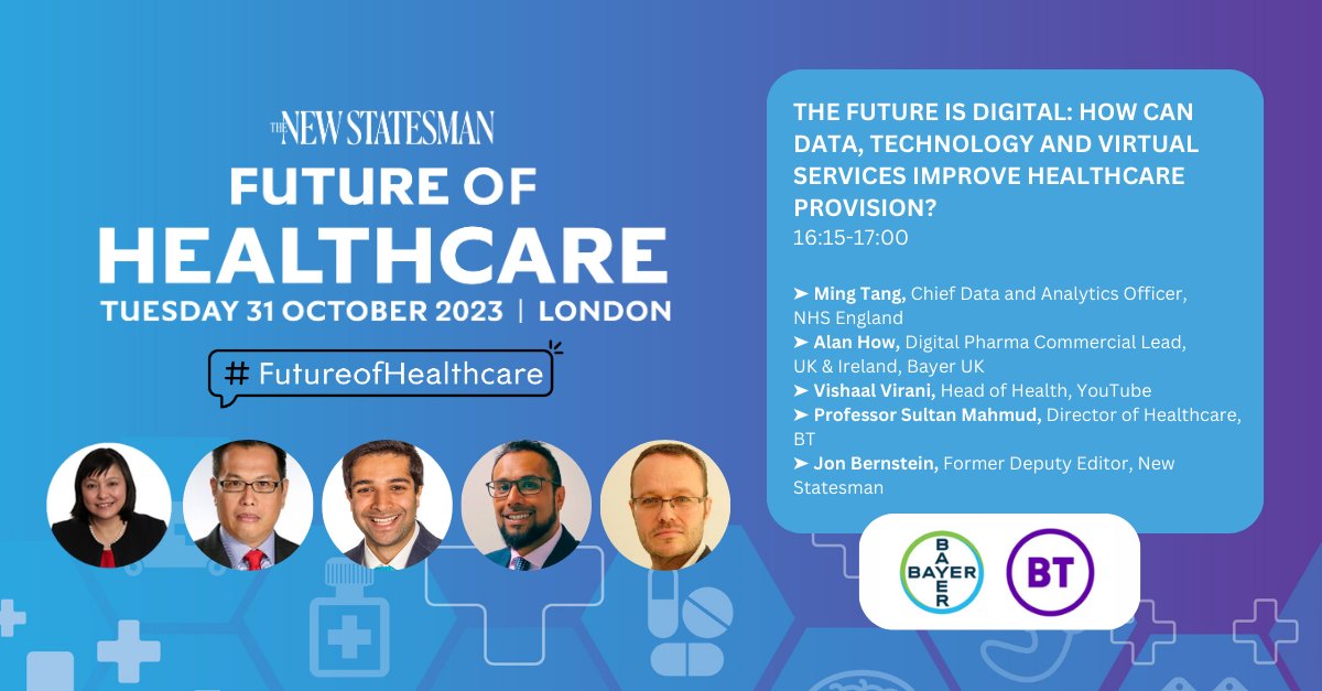 #FutureofHealthcare session: The future is digital: How can data, technology and virtual services improve healthcare provision? with @Bayer and @bt_uk will be starting in 15-minutes