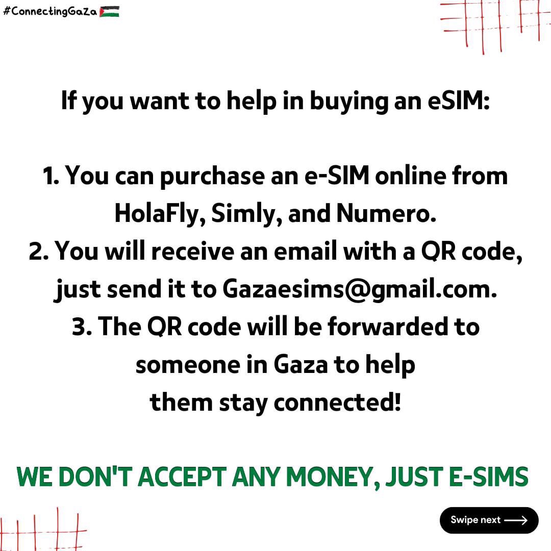 Thank you for donating an e-sim. If you're in Gaza or you have family/relatives/friends there, we will provide you an e-sim for free. Mention us or send us a message. @SpeakUp_00