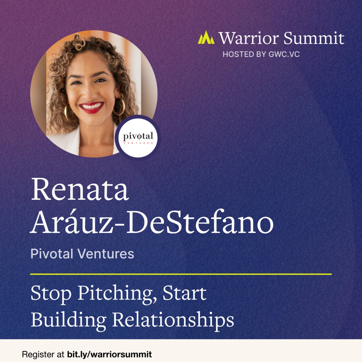 Pivotal Ventures (@pivotalventures) on Twitter photo We're so proud to support <a href="/GrowthWarriorVC/">Growth Warrior Capital</a> and the Warrior Summit. Hear Pivotal's own <a href="/RenataA_D/">Renata Aráuz-DeStefano</a> and other top-tier investors share insights about relationship-building for high-growth founders. bit.ly/warriorsummit23 We're so proud to support <a href="/GrowthWarriorVC/">Growth Warrior Capital</a> and the Warrior Summit. Hear Pivotal's own <a href="/RenataA_D/">Renata Aráuz-DeStefano</a> and other top-tier investors share insights about relationship-building for high-growth founders. bit.ly/warriorsummit23