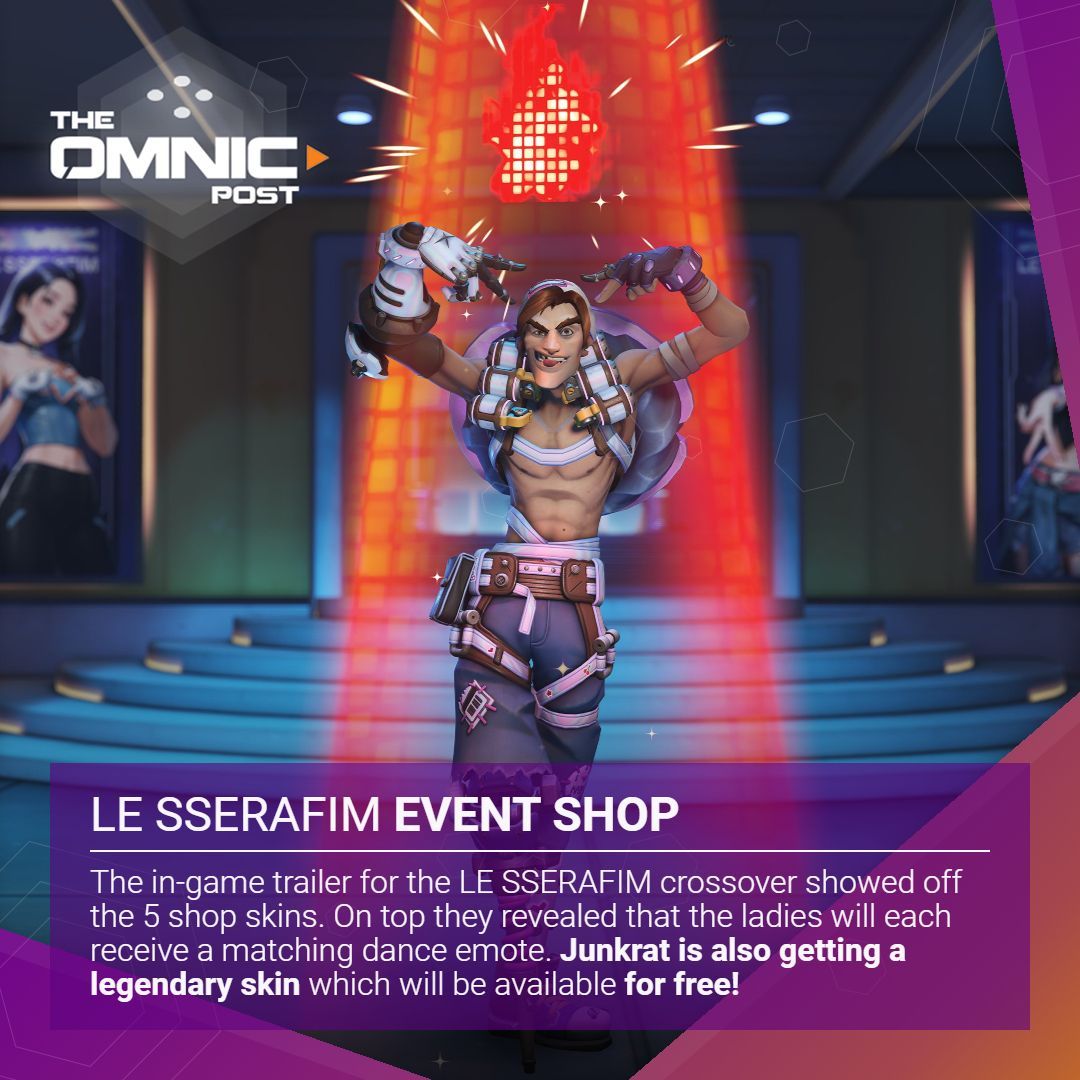 omnicpost's tweet photo. The in-game trailer for the LE SSERAFIM crossover showed off the 5 shop skins. On top they revealed that the ladies will each receive a matching dance emote. Junkrat is also getting a legendary skin which will be available for free!
#overwatch2 #lesserafimevent #eventshop https://t.co/ajuKcfFE6n