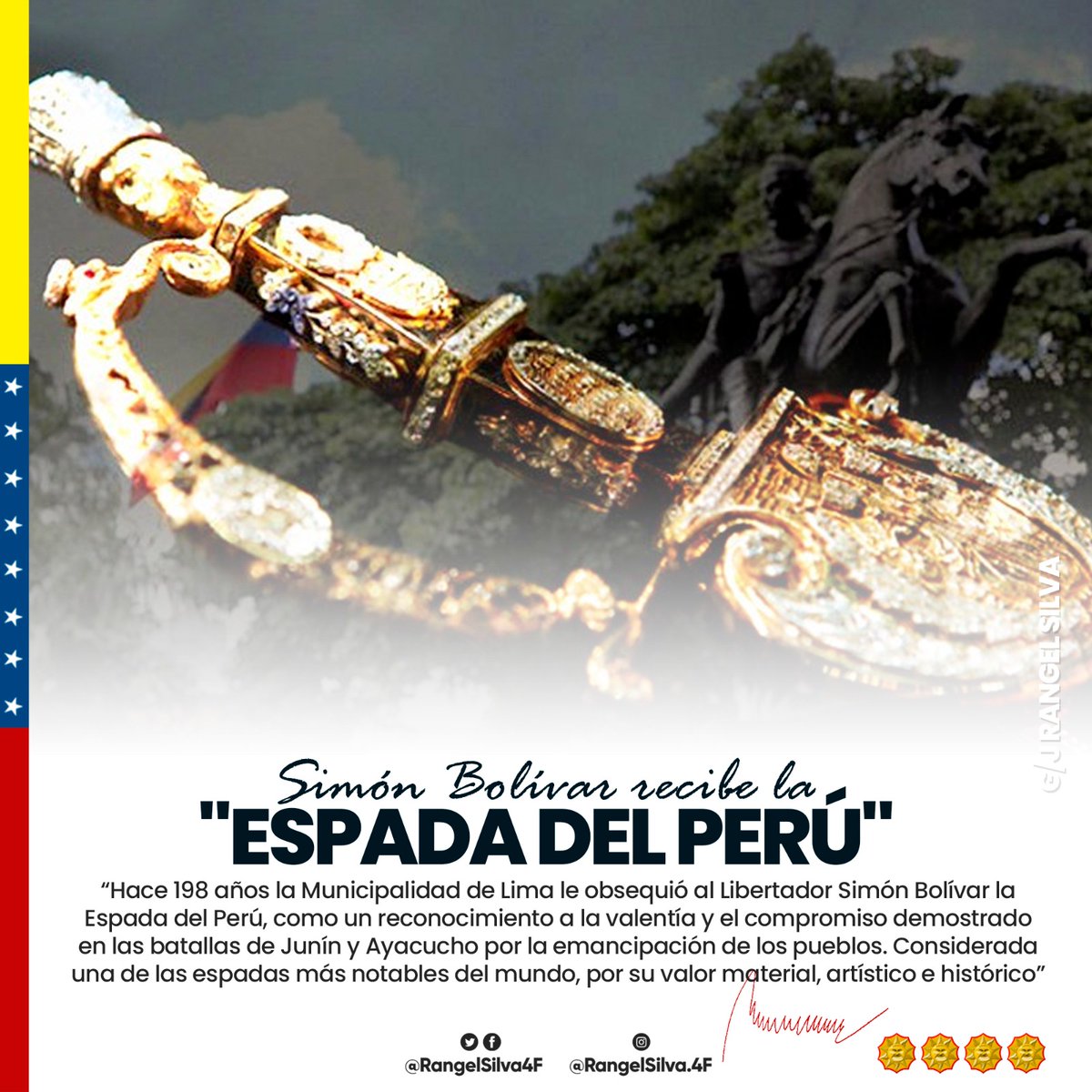 Recordamos cuando la municipalidad de Lima le obsequió la Espada del Perú a nuestro Padre Libertador, Simón Bolívar, en reconocimiento a su gallardía en las batallas de Junín y Ayacucho. Es una de las joyas de orfebrería más valiosa que posee Venezuela.

#DileSiAlEsequibo