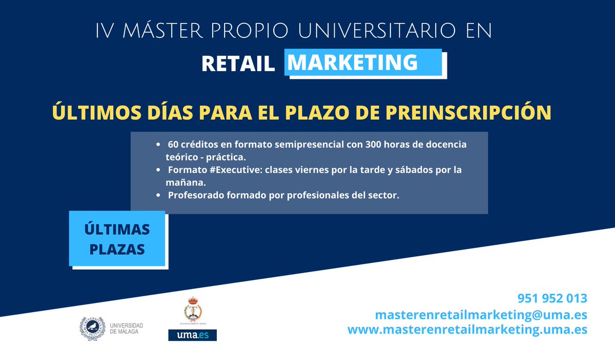 MarketingGesUMA's tweet photo. 🔵 Máster Propio Universitario en #Retail #Marketing en nuestra facultad.
¡Se amplía el plazo de inscripción hasta primeros de noviembre!
¡No dejes pasar esta oportunidad!
👉 https://t.co/m311F1XRYD
#Retailers #ProfesionalesdelRetail #masterexecutive #retailmarketing https://t.co/QU9x45yvKi