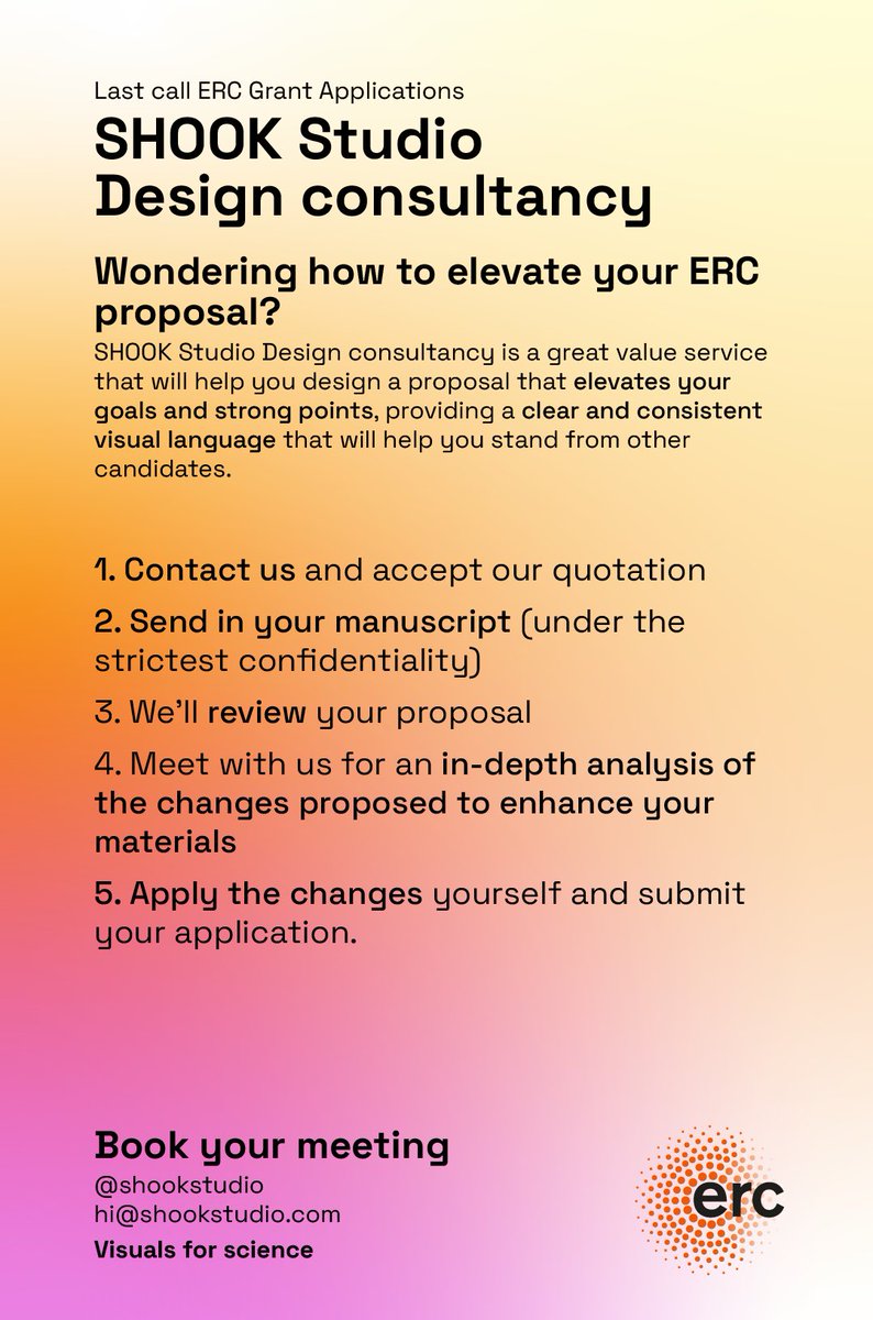 SHOOK Studio (@shookstudio) on Twitter photo ⭕️ Last call for <a href="/ERC_Research/">European Research Council (ERC)</a> candidates! Submission date is 1 week away but there’s still plenty you can do to enhance your application.
#ercstartinggrant
#erccandidate
#ercsynergy ⭕️ Last call for <a href="/ERC_Research/">European Research Council (ERC)</a> candidates! Submission date is 1 week away but there’s still plenty you can do to enhance your application.
#ercstartinggrant
#erccandidate
#ercsynergy