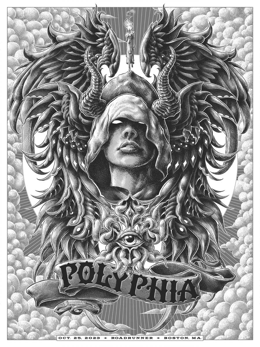I'm happy to show my gig poster design for <a href="/polyphia/">polyphia</a> at the Boston show on Oct. 25th. I titled this piece "Seraph", the highest-ranking celestial beings in the hierarchy of angels. I wanted to keep the tarot card vibe, so I didn't use colors and kept with the greys. 🪶🌕