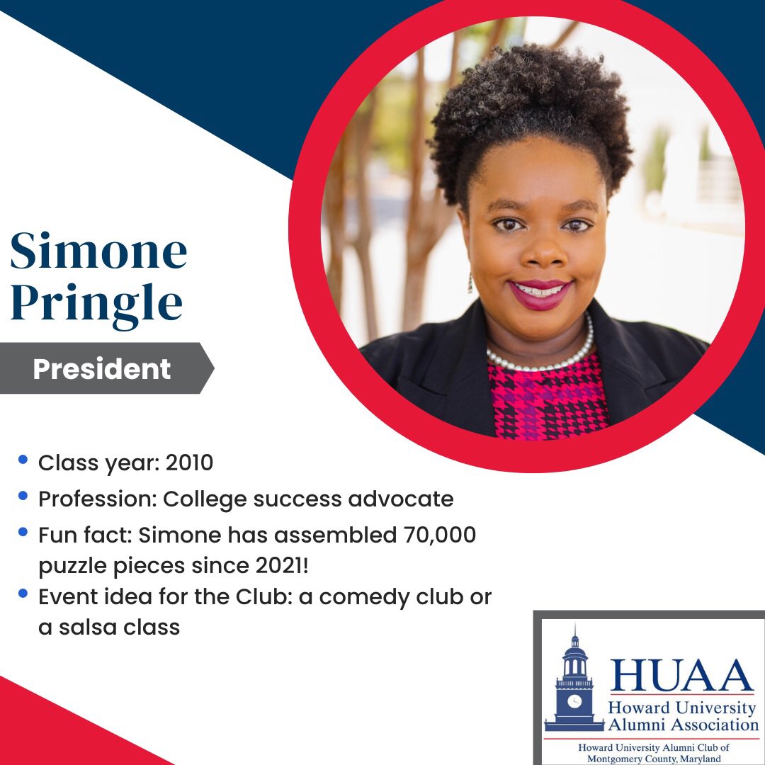 Huac_mocomd's tweet photo. Welcome to our Club President, c/o 2010 grad Simone Pringle! 

Profession: a college success advocate at a national non profit.

Fun fact: assembled over 70K+ puzzle pieces since 2021! 

Event idea: a comedy show or take a salsa class https://t.co/R97Kuixr5t