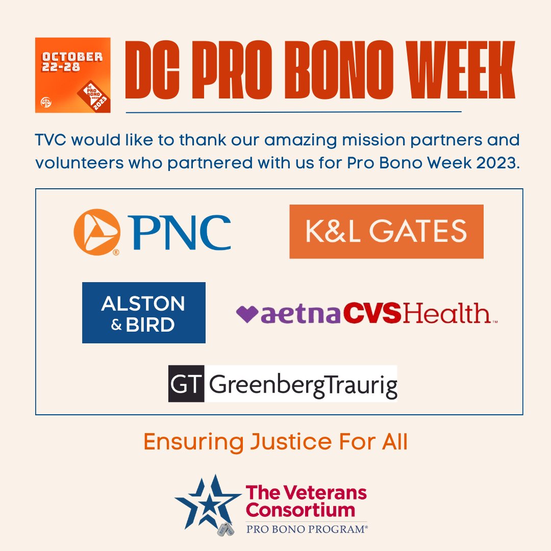 vetsprobono's tweet image. Thank you to our mission partners and volunteers and their commitment to our Nation's defenders and ensuring justice for all. #DCProBonoWeek #theyfoughtforus
@pncbank / @klgatesllp
@alstonbirdllp / @aetna / @CVSHealth
@gt_law