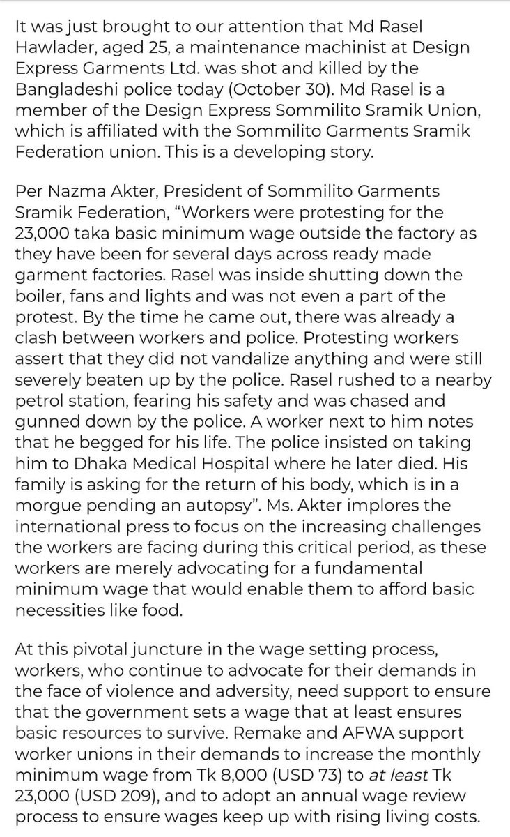 NazmaAkter73's tweet photo. During the protest of #minimumwage an innocent workers #RaselHowlader from Design Express, Gazipur met death from #policefire today. How tragic &amp; Unjust! Read @remakeourworld &amp; @asiafloorwage's press release here: https://t.co/MJzBfeBlwt https://t.co/GBmBprQxrd