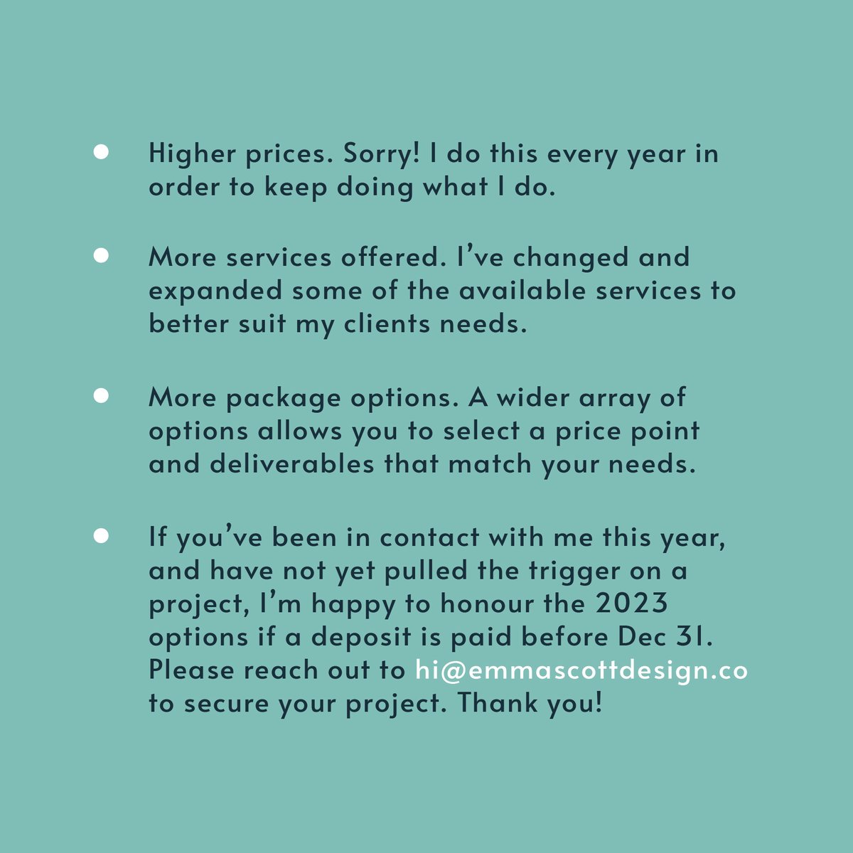 emscottdesign's tweet photo. Some 2024 updates are already in the works! Please read the second slide if you're wondering what that means for my clients and potential clients. Thanks for your support as always ❤️

#MotivationalMonday #Toronto #PTBO #freelance #designpackages #logodesigner #Illustrator https://t.co/ElkwSL1EGf