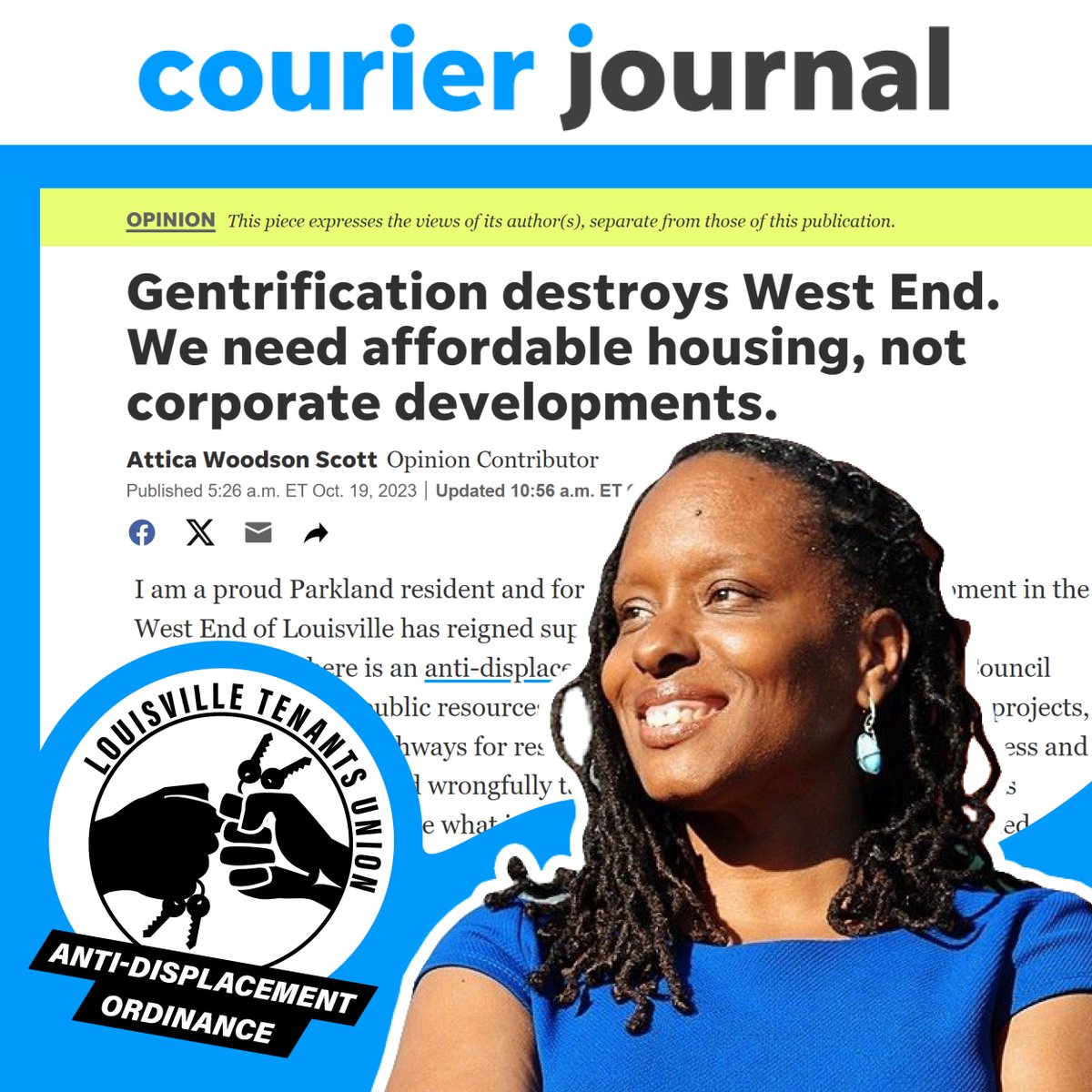 LouTenantsUnion's tweet image. THREE CHEERS for former State Rep @atticascottky! As a proud renter in the Parkland neighborhood, Attica is fighting to make her community and others in #Louisville #policyprotected. 

Check out her Oped: tinyurl.com/m4fmp6yn
&amp;amp; Sign the #ADO Petition: tinyurl.com/27urf3va