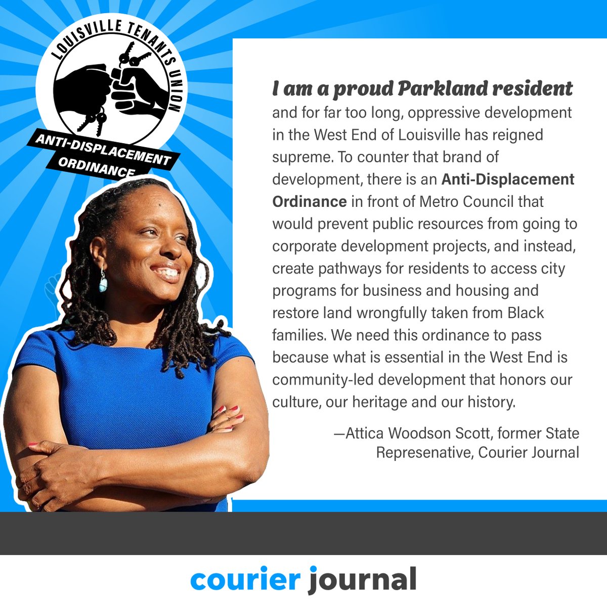 LouTenantsUnion's tweet image. THREE CHEERS for former State Rep @atticascottky! As a proud renter in the Parkland neighborhood, Attica is fighting to make her community and others in #Louisville #policyprotected. 

Check out her Oped: tinyurl.com/m4fmp6yn
&amp;amp; Sign the #ADO Petition: tinyurl.com/27urf3va
