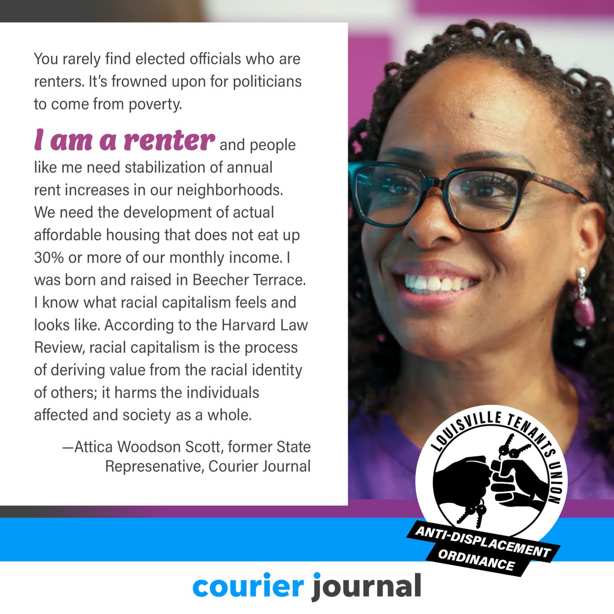 THREE CHEERS for former State Rep @atticascottky! As a proud renter in the Parkland neighborhood, Attica is fighting to make her community and others in #Louisville #policyprotected. 

Check out her Oped: tinyurl.com/m4fmp6yn
& Sign the #ADO Petition: tinyurl.com/27urf3va