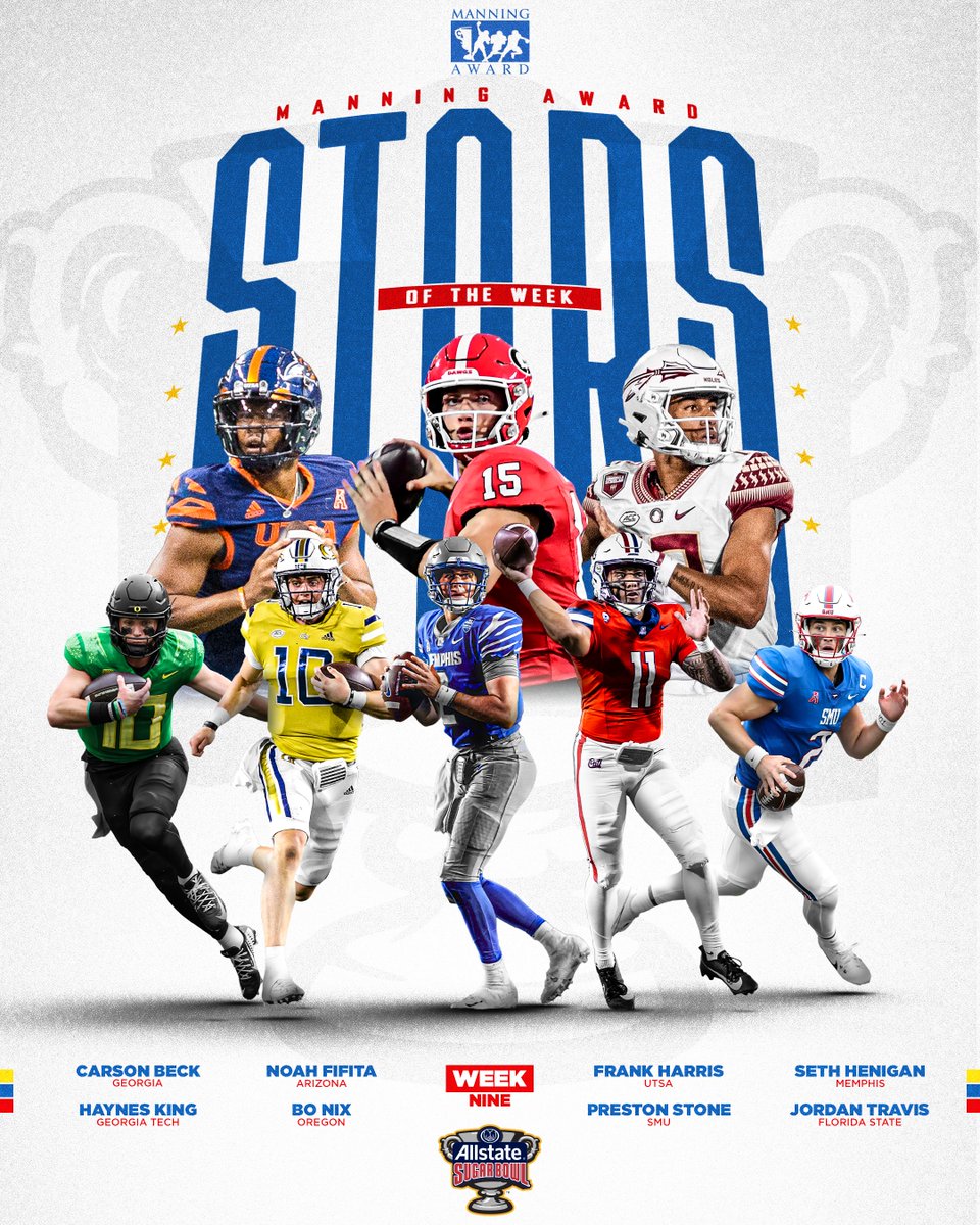 ManningAward's tweet photo. Week 9⃣ #ManningAward Stars of the Week!⭐️

Vote for the quarterback you think had the best performance this past weekend!  

Vote HERE⬇️
https://t.co/vSgbLvnaZ4 https://t.co/yCPdZ8i6Y8